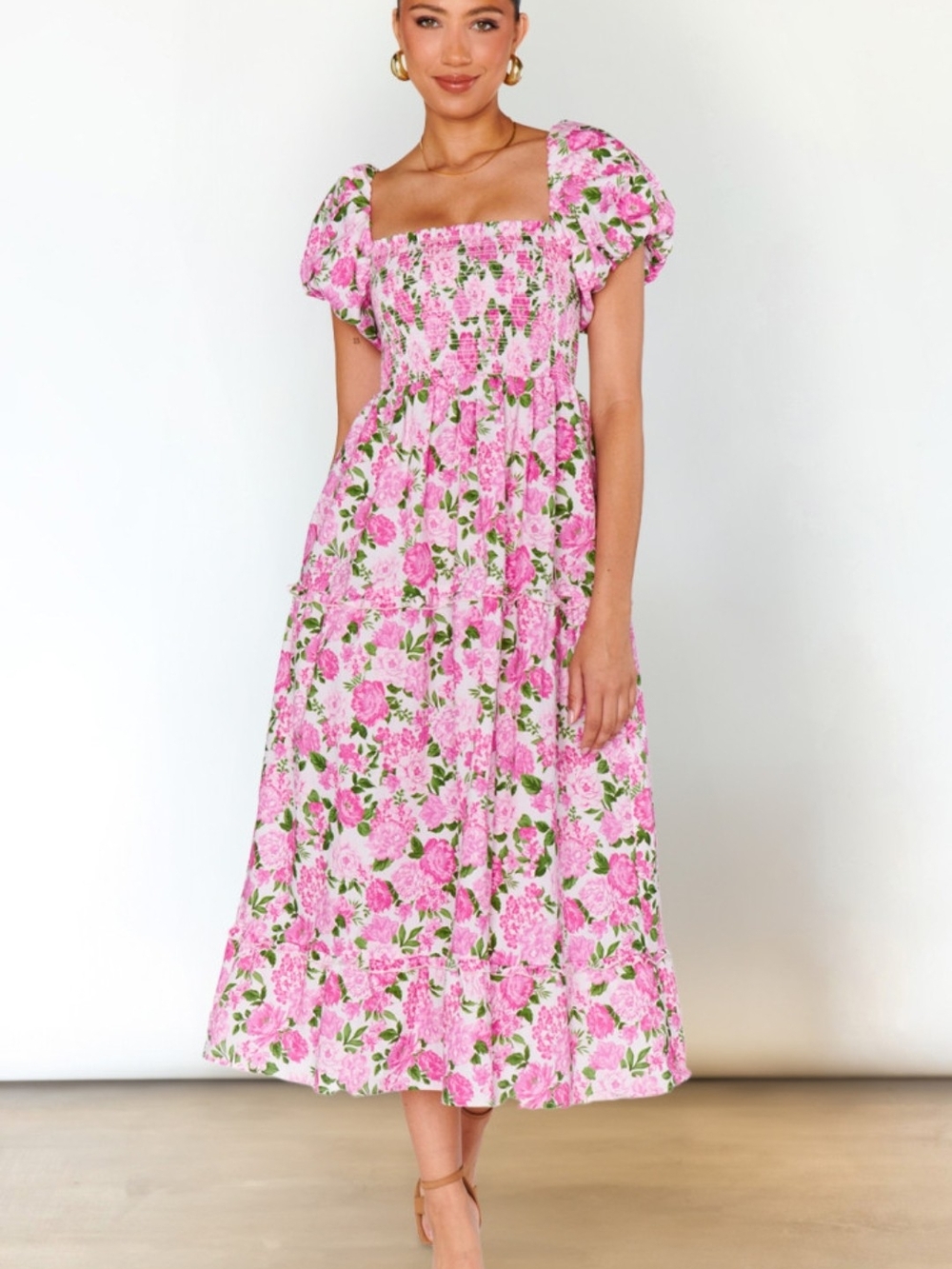 Girls' Pink Floral Puff-Sleeve Smock Midi Dress